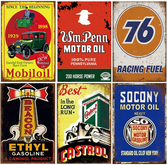 6 Pieces Retro Vintage Gas Oil Tin Signs, Man Cave Garage Bar Room Decor, 8X12 Inch