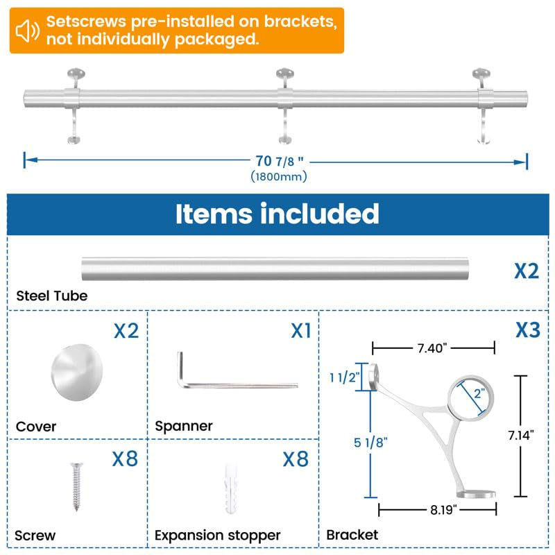 6Ft Bar Foot Rail Kit Undercounter Mount Hardware and Tubing Complete Kit 2'' OD, Stainless Steel Brushed Finish, for Indoor-Outdoor HF20 SL4