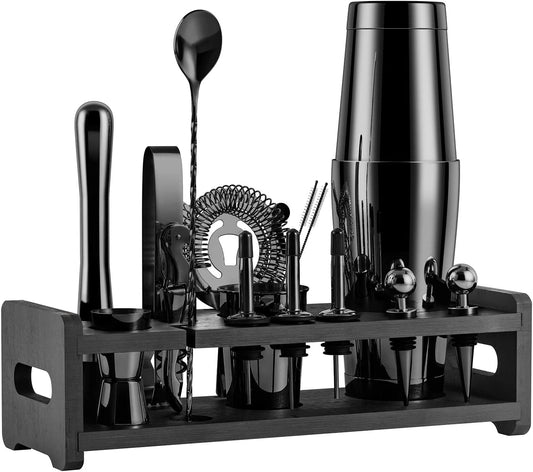 24-Piece Cocktail Shaker Set,Perfect Home Bartender Kit for Drink Mixing,Stainless Steel Bar Tools with Stand,Velvet Carry Bag & Recipes Cards Included (Black)