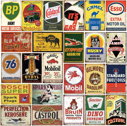 24 Pieces Gas and Oil Tin Signs, Retro Vintage Metal Sign for Home Man Cave Garage, 8X12 Inch/20X30Cm