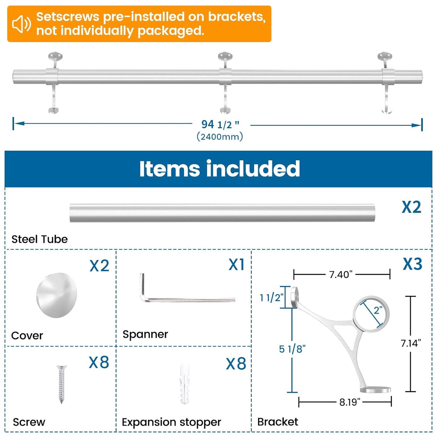 8Ft Bar Foot Rail Kit Undercounter Mount Hardware and Tubing Complete Kit 2'' OD, Stainless Steel Brushed Finish, for Indoor-Outdoor HF20 SL4