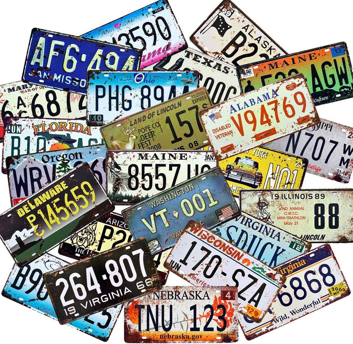 Retro Vintage Assorted US States Number Tags, Embossed License Plates, Lot of 10/15/20/25/30 Pcs, Man Cave Garage Bar Home Wall Decor, 6X12 Inch (15)